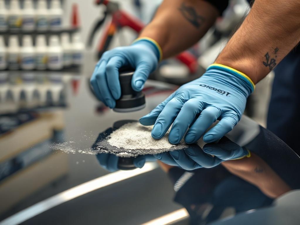 A close-up shot of a technician applying a polishing compound to a car’s surface, focusing on a specific area being treated. The background should show tools and products used in paint resurfacing, creating an impression of expertise and care in the detailing process.