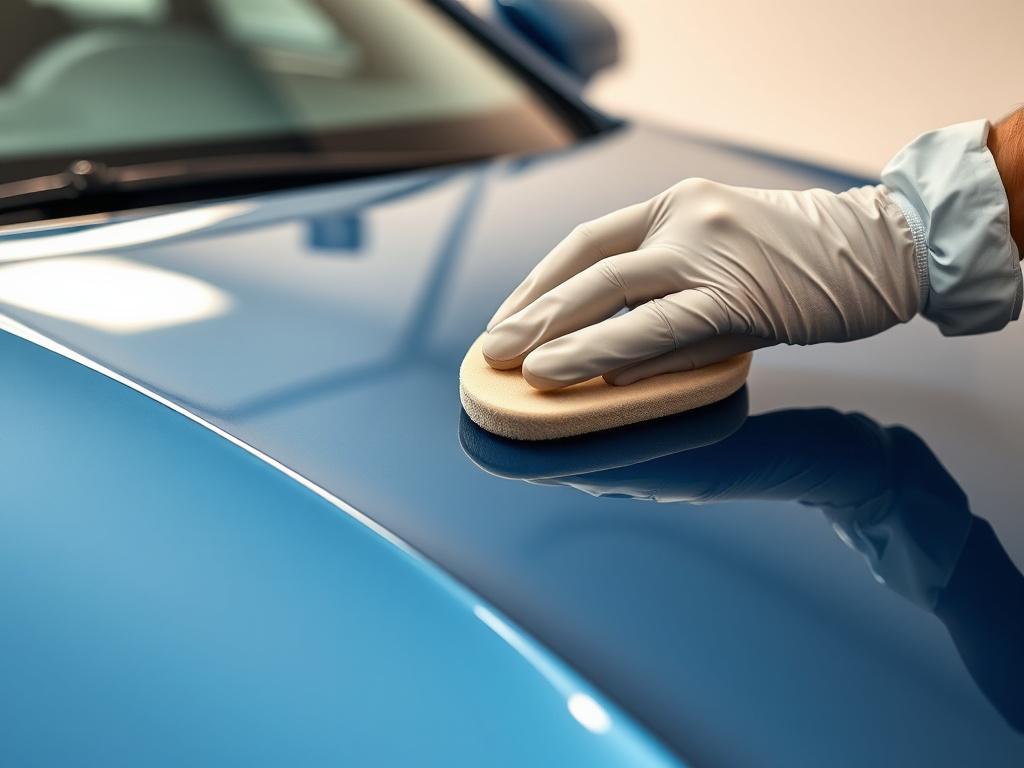 A hyper-realistic close-up shot of a luxury car undergoing a meticulous detailing process. The focus is on a technician's gloved hand carefully applying a high-gloss paint sealant on the car's sleek hood using a soft applicator pad. The background is softly blurred, highlighting the smooth, reflective surface of the freshly detailed paint. The image should be rendered in high resolution with a shallow depth of field, mimicking a 45mm f/1.2 lens style. The color palette should complement the rgb(21, 196, 244