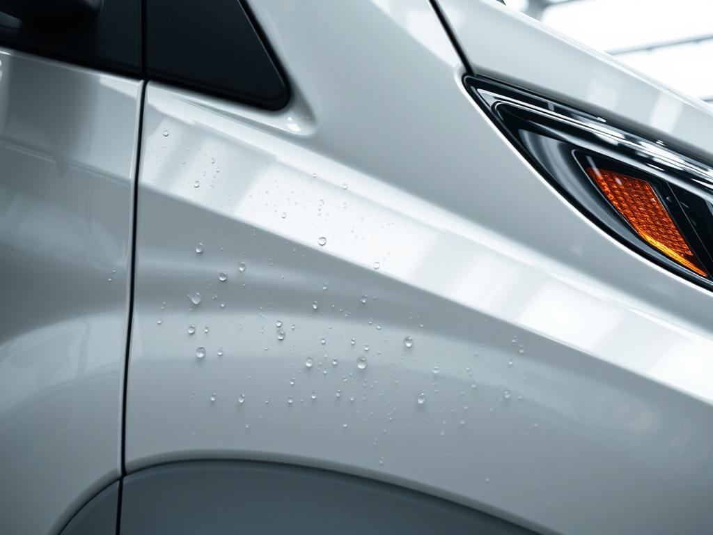 A hyper-realistic close-up photo of a commercial van's front side panel being professionally detailed. The image is captured with a 45mm f/1.2 lens style, showing fine water droplets and a glossy, freshly polished paint surface. The background is softly blurred with a subtle hint of the rgb(21, 196, 244) primary color, emphasizing the vehicle's immaculate finish.