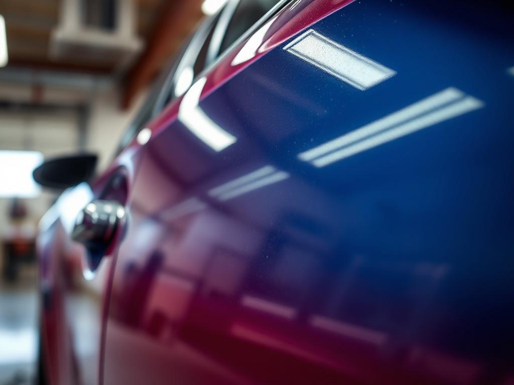 A hyper-realistic close-up image of a car’s door panel mid-polishing, showing the contrast between dull and freshly resurfaced paint. Shot with a 45mm f/1.2 lens style, the paint displays a mirror-like finish with rich color depth, set against a softly blurred garage interior, incorporating rgb(21, 196, 244) highlights.