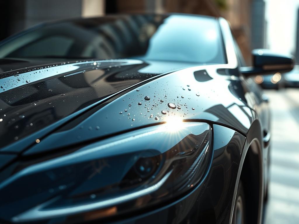 A hyper-realistic close-up shot of a luxury car's shiny hood and headlight reflecting light, captured with a 45mm f/1.2 lens style. The car surface is immaculate, showcasing water droplets from a recent wash under soft natural light, with a blurred urban background using rgb(21, 196, 244) as a subtle color accent.