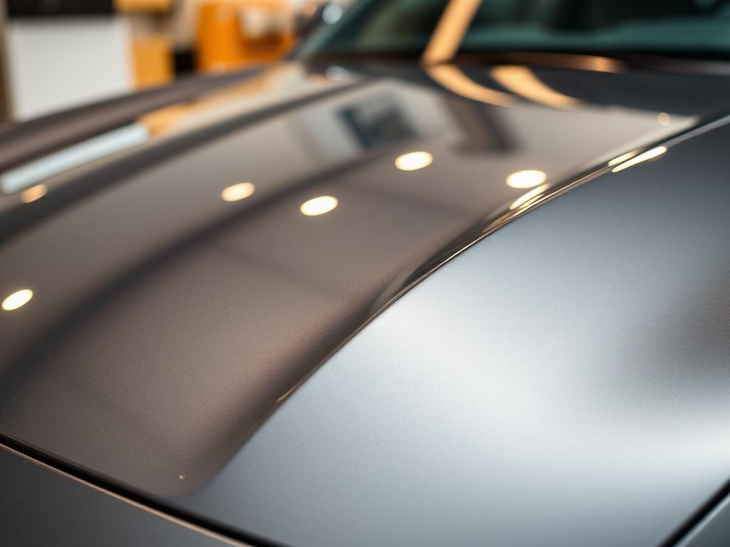 A hyper-realistic close-up shot of a luxury car’s hood coated with a glossy ceramic finish, captured with a 45mm f/1.2 lens style. The focus is sharp on the smooth, reflective surface showcasing the deep shine and flawless paint protection. The background is softly blurred, featuring hues compatible with rgb(21, 196, 244), emphasizing the pristine condition and craftsmanship of the ceramic coating application.