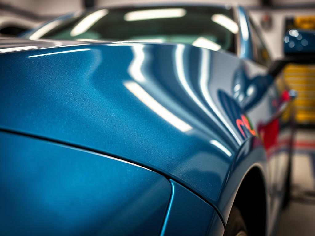 A hyper-realistic close-up shot of a shiny, freshly detailed car exterior, showcasing vibrant reflections in the paint. The car is parked in a well-lit setting, emphasizing the gloss and clarity of the paintwork, with a blurred background that suggests a clean garage or detailing studio.