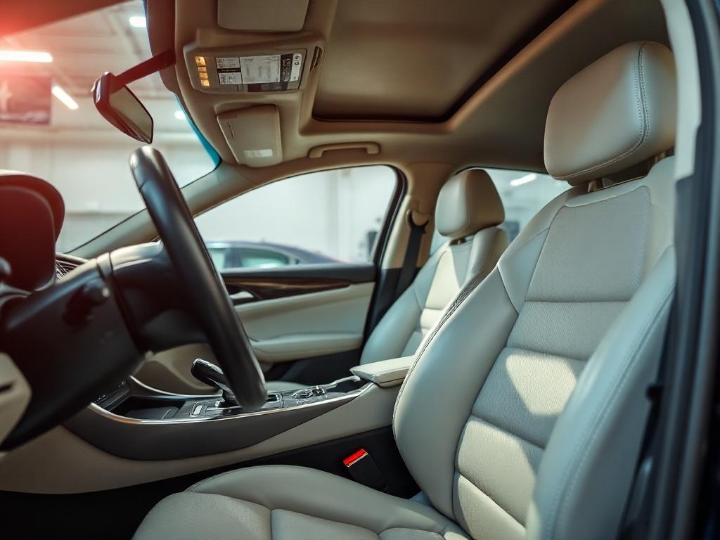 A hyper-realistic close-up of a clean car interior, showcasing pristine seats, shiny dashboard components, and spotless carpets. The lighting highlights the cleanliness, with a blurred background that suggests a professional detailing environment.