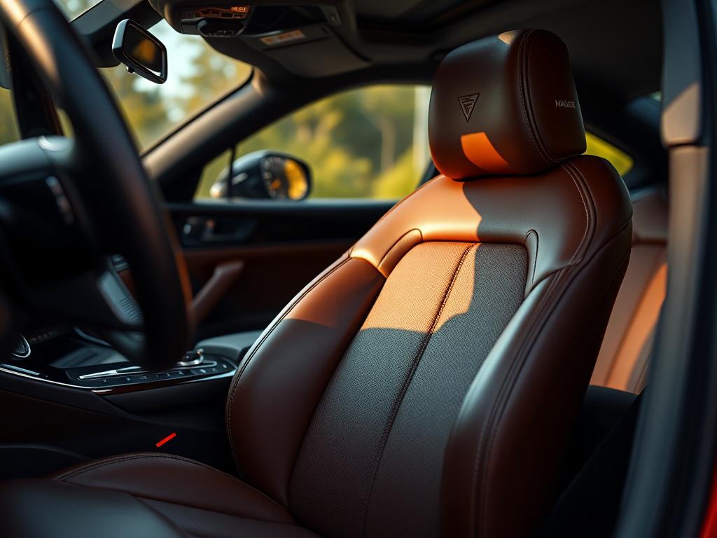 A hyper-realistic close-up shot of a car's pristine interior focusing on a freshly cleaned leather seat and dashboard, captured with a 45mm f/1.2 lens style. The image features vibrant but natural colors compatible with rgb(21, 196, 244) as the primary color accent, highlighting textures and details with soft lighting and a clean background, emphasizing luxury and meticulous care.
