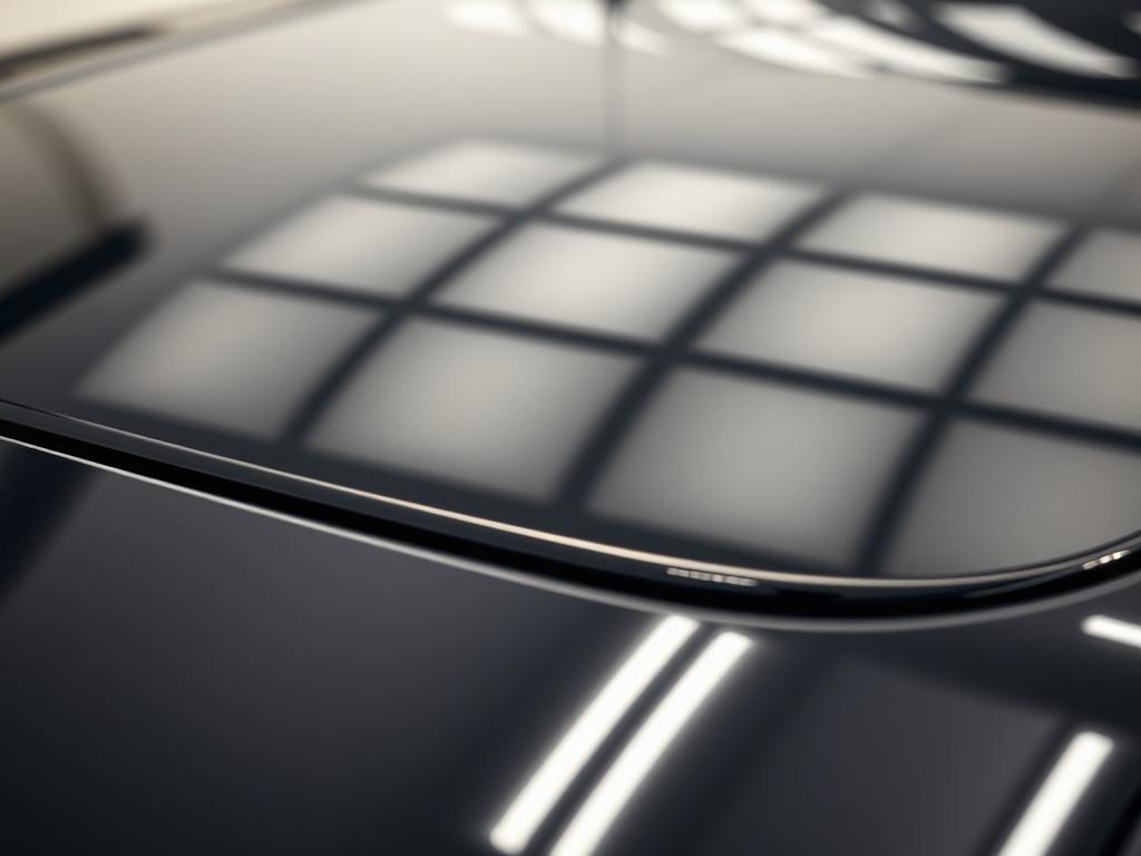 Create a hyper-realistic close-up image of a freshly polished car hood, showcasing a deep, reflective gloss finish. The lighting should highlight the shine and depth of the paint, creating a captivating visual effect. The background should be simple and blurred, focusing attention on the car's surface. Use a 45mm f/1.2 lens style to emphasize details and textures in the paint, ensuring compatibility with the rgb(21, 196, 244) primary color.