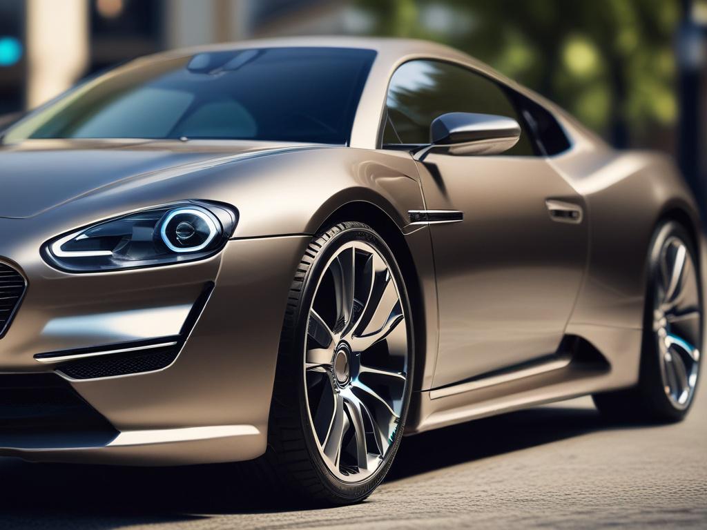 A close-up shot of a luxury car's glossy exterior being hand-polished, captured with a 45mm f/1.2 lens style. The image features hyper-realistic textures highlighting the smooth, shiny paintwork with water droplets glistening under natural light. Background is softly blurred, emphasizing the car surface with a subtle rgb(21, 196, 244) hue reflecting off the paint.