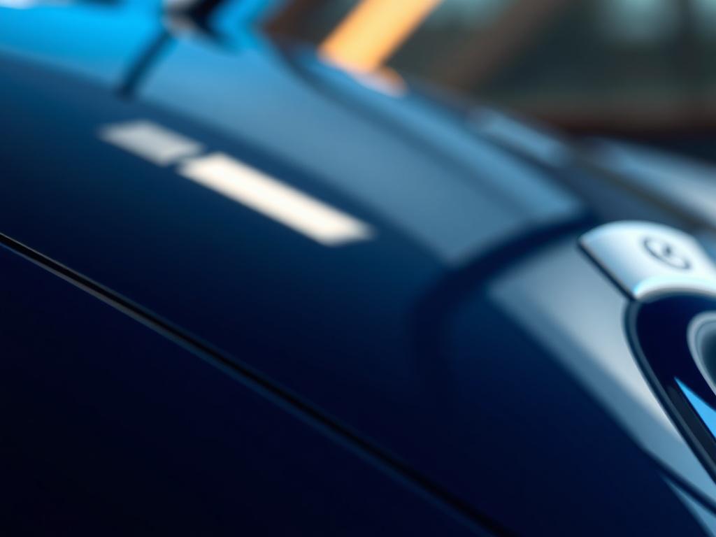 A hyper-realistic close-up shot of a luxury car's polished paint surface, showcasing flawless gloss and depth. The image is captured with a 45mm f/1.2 lens style, highlighting the smooth curves and reflective quality of the paint. The background is softly blurred with a hint of rgb(21, 196, 244) blue, complementing the car's sleek finish. The composition focuses solely on the car's exterior paintwork without any text or distractions.