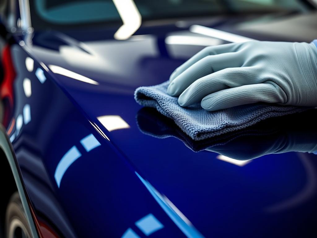 A hyper-realistic close-up shot of a luxury car being detailed, showcasing gleaming paintwork and intricate reflections. The background should be softly blurred to emphasize the car's shine, with a focus on detailing tools like microfiber cloths and polish. The image should capture the essence of high-quality car care, utilizing vibrant colors that complement the rgb(21, 196, 244) primary color.