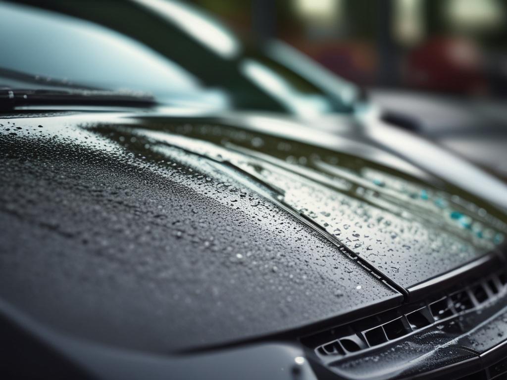 A hyper-realistic, high-resolution close-up shot of water beading on the glossy surface of a sports car. The image is captured with a 45mm f/1.2 lens style, showcasing the intricate water droplets perfectly beaded on the sleek, polished paintwork. The background is softly blurred to keep the focus entirely on the water beads and the shiny car surface. The primary color rgb(21, 196, 244) subtly reflects on the water droplets, enhancing the vibrant and clean look of the car's finish.