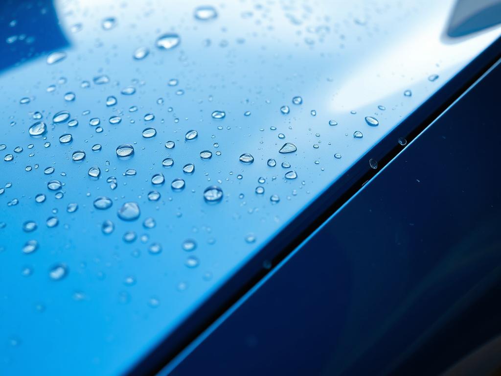 A hyper-realistic close-up shot of a luxury car's hood with crystal-clear water droplets beading perfectly on the smooth, freshly detailed surface. The image is captured with a 45mm f/1.2 lens style, showing sharp focus on the water droplets and subtle reflections of the environment. The background is softly blurred, emphasizing the gleaming blue car paint that matches rgb(21, 196, 244) as the primary color. The composition is simple, with the car's surface and water droplets as the sole subject.