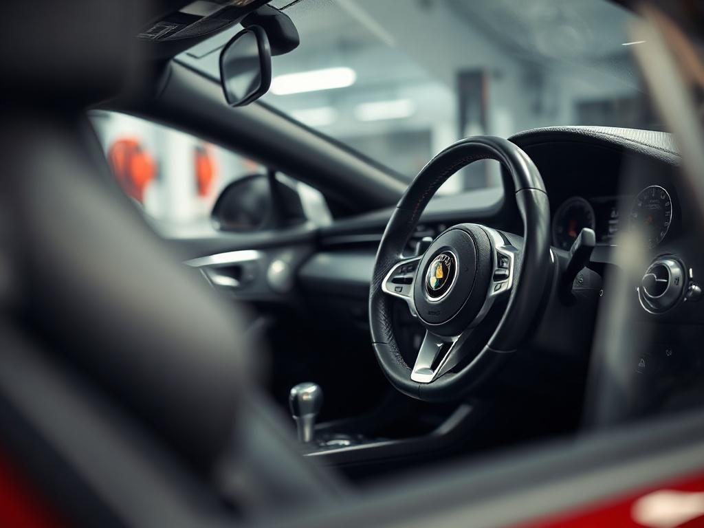 A luxurious car interior being detailed, emphasizing the high-quality materials and meticulous attention to detail. The image should capture the elegance of the interior features, while the background remains softly blurred, highlighting the detailing work in progress. Shot with a 45mm f/1.2 lens style.