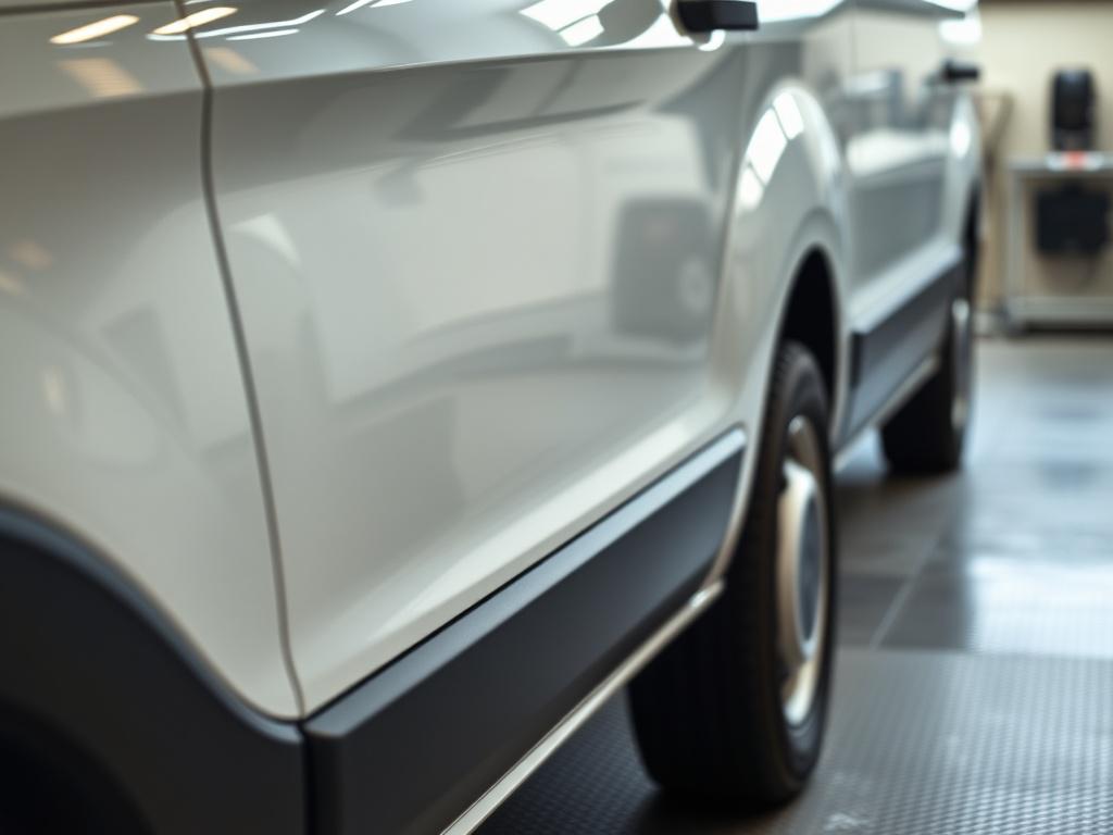 A hyper-realistic close-up shot of a commercial van's front side panel and wheel, showcasing flawless paintwork and spotless detailing. The image is captured with a 45mm f/1.2 lens style, emphasizing the smooth, glossy surface and intricate detailing of the vehicle. Background is softly blurred, with a subtle hint of a garage environment, incorporating rgb(21, 196, 244) as a gentle light reflection on the paintwork, highlighting the quality of the detailing service.