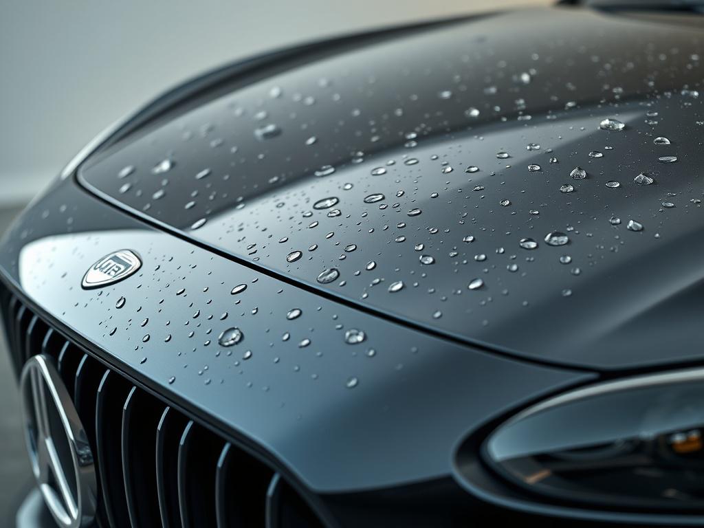 A hyper-realistic close-up shot of the front of a prestigious car featuring water droplets on the hood, lights, and grill. The photo is captured with a 45mm f/1.2 lens style, emphasizing sharp focus on the water beads reflecting light, showcasing the pristine condition of the paint surface. The background is simple and blurred to highlight the car's front details, with a color tone compatible with rgb(21, 196, 244) to enhance the sleek and polished look.