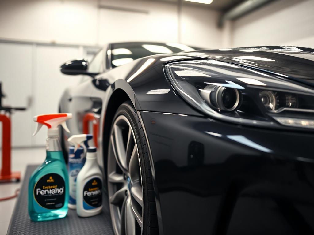 A luxury car being expertly detailed in a bright, clean workshop environment. The focus is on the car's shiny exterior, showcasing the meticulous attention to detail. High-quality cleaning products are placed around the car, emphasizing the premium service. The lighting is bright, highlighting the glossy finish of the paintwork. The background is simple and clear, emphasizing the car as the main subject.