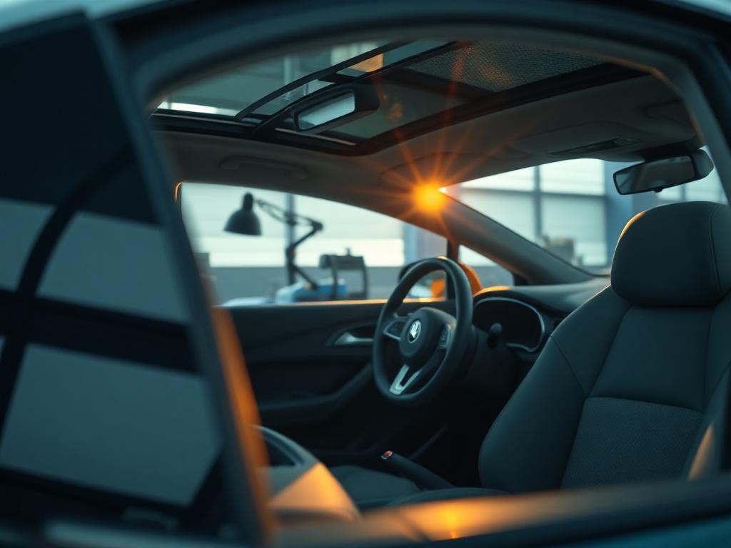 An image capturing a car fully detailed, both inside and outside. The exterior shines under the sunlight, and the interior is spotless, showing fresh upholstery and clean surfaces. The background includes a clean, modern detailing bay to emphasize the professionalism of the service. A few detailing tools are subtly placed in the background.
