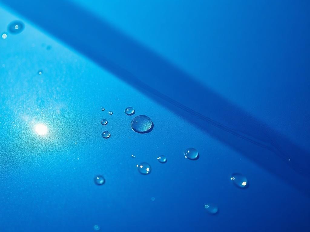 A close-up shot of a gleaming car hood with a shiny ceramic coating, highlighting its glass-like surface. The image should capture droplets of water beading on the surface, illustrating the hydrophobic effect. The background should be softly blurred, focusing solely on the car's surface. The lighting should be bright and natural, enhancing the glossiness and reflecting the blue color palette of rgb(21, 196, 244). Use a 45mm f/1.2 lens style for a hyper-realistic effect.