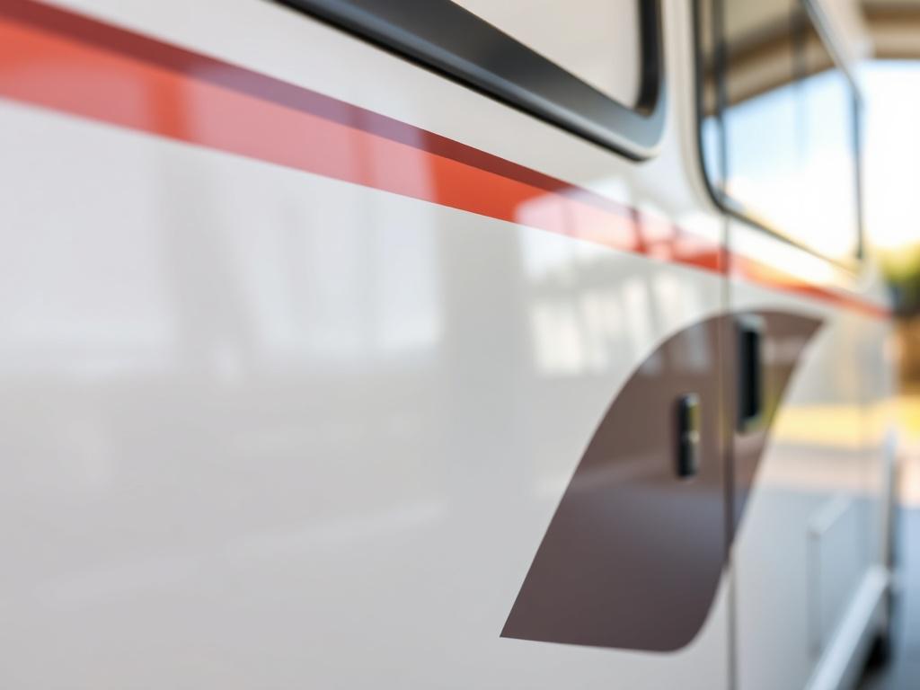 A hyper-realistic, high-resolution close-up photo of a meticulously detailed motorhome surface, shot with a 45mm f/1.2 lens style. The image focuses on the sleek, glossy paintwork and the protective coating's smooth finish, reflecting soft natural light. The background is softly blurred to highlight the motorhome's pristine condition. The color scheme complements the rgb(21, 196, 244) primary color, emphasizing cleanliness and care.