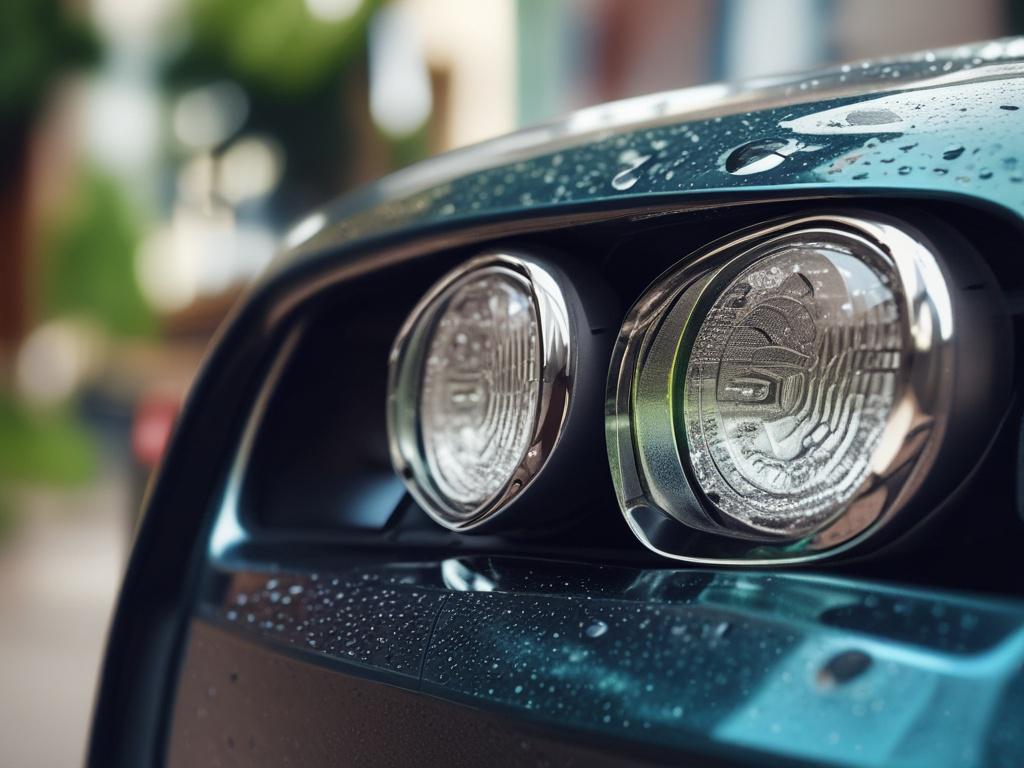 Hyper-realistic close-up of a luxury car's shiny, polished exterior with water droplets glistening on the surface, shot with a 45mm f/1.2 lens style. The background is softly blurred in shades of rgb(21, 196, 244), emphasizing the car's flawless paintwork and sleek curves.