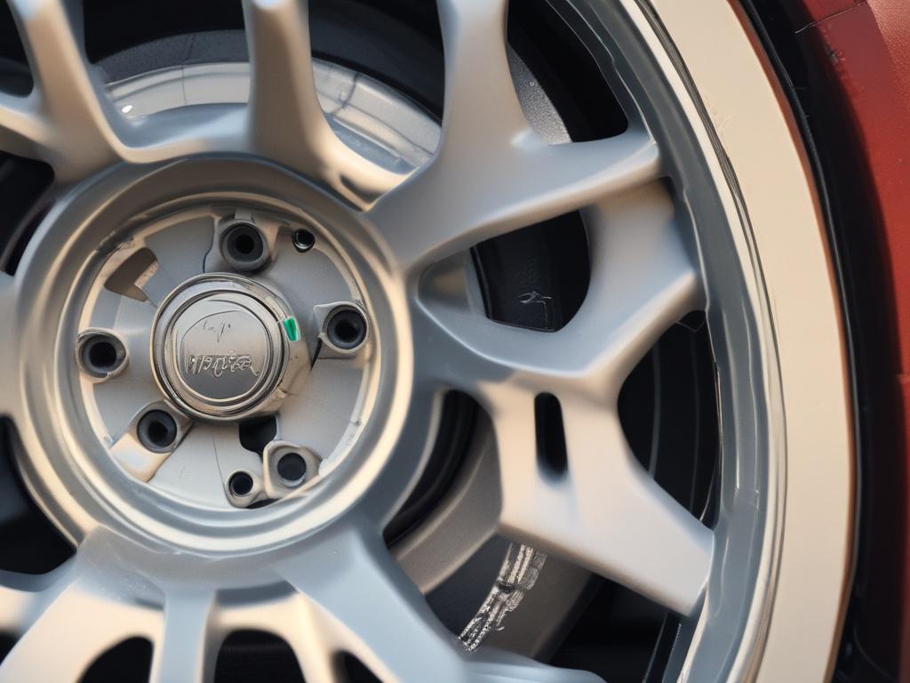 Hyper-realistic close-up of a car's alloy wheel being cleaned, showcasing sparkling chrome finish and detailed tire tread. The photo is taken with a 45mm f/1.2 lens style, featuring a softly blurred background in rgb(21, 196, 244) that highlights the wheel’s polished surface.