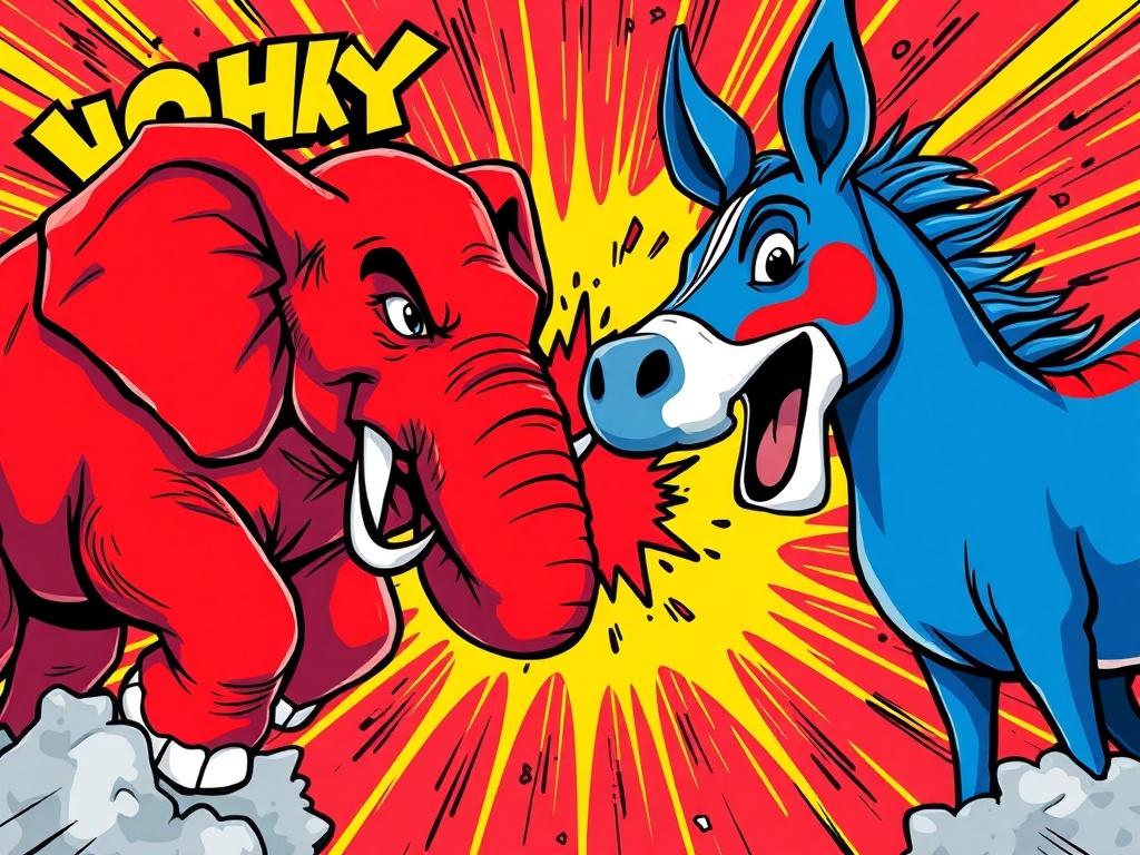 A dynamic, colorful illustration of a red elephant and a