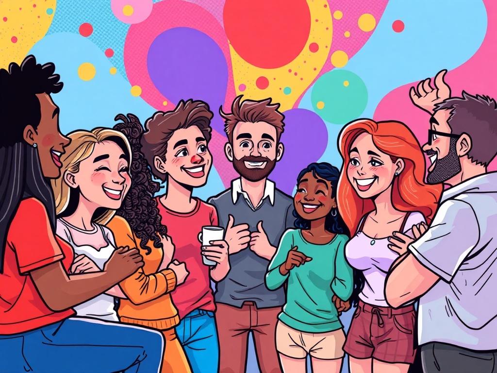 An illustration depicting a diverse group of cartoon characters engaging