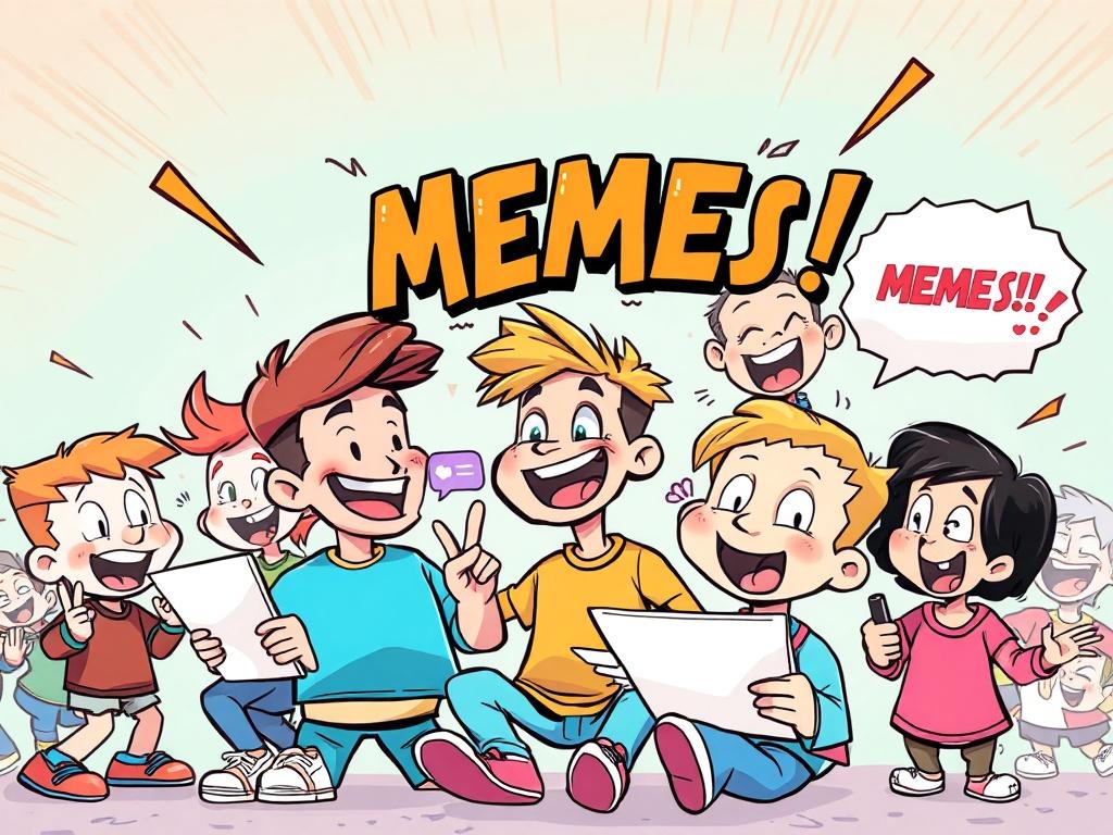A vibrant illustration showing cartoon characters creating memes, with elements