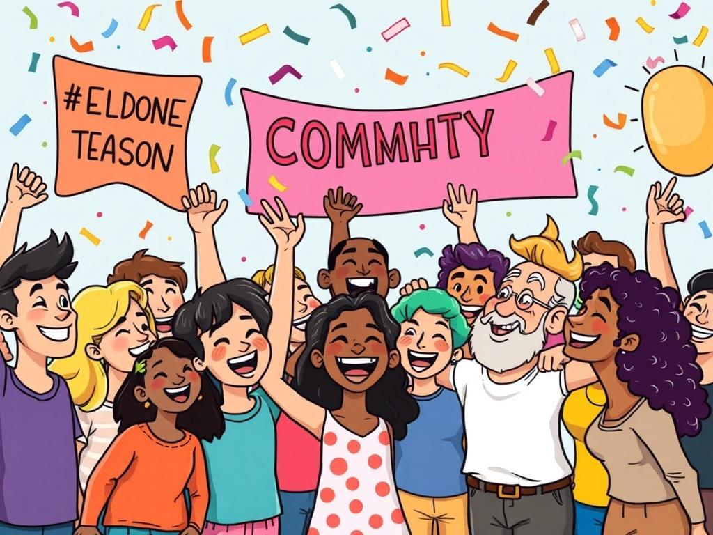 A lively and colorful illustration of a group of diverse
