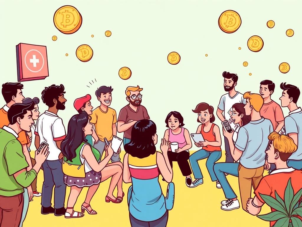 Depict a lively comic style gathering of diverse individuals engaging