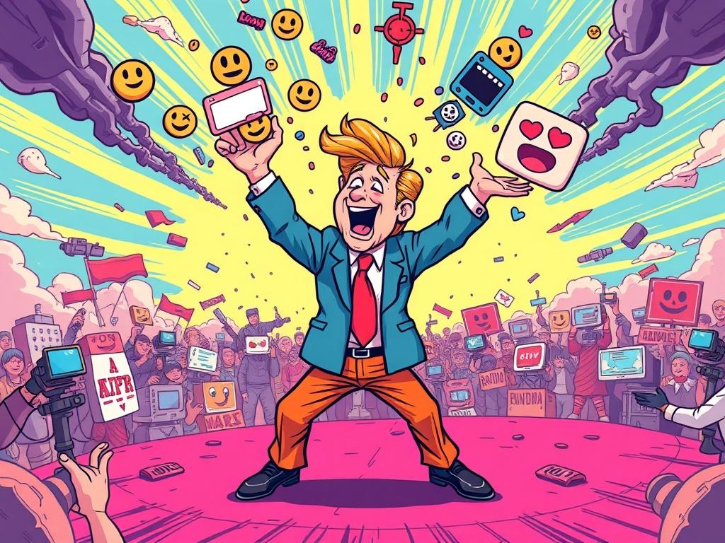 **Prompt for AI Image Generator:**

Create a high-quality illustration depicting a single, bold character engaged in a comical "meme war." The character should be a vibrant cartoon representation of a polarizing figure, perhaps inspired by a satirical version of a politician or pundit, with exaggerated features and expressive facial expressions, embodying the humor of internet culture. Dressed in colorful, eye-catching attire that signifies their political stance, the character should be dynamically posed, 