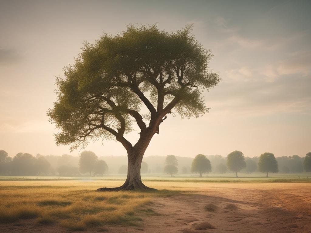 A serene landscape featuring a single tree in soft lighting,