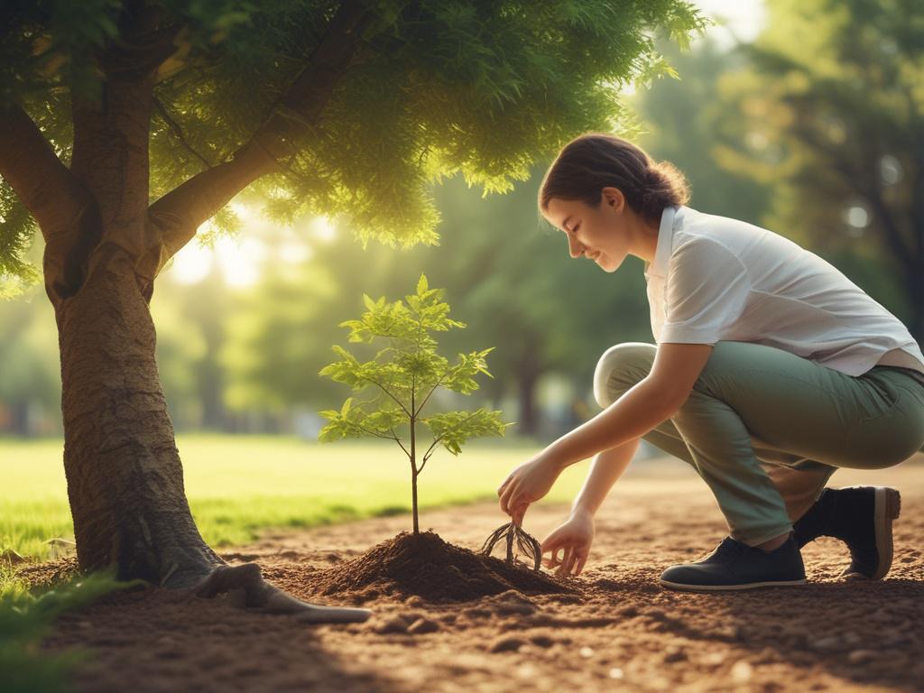 a peaceful outdoor scene with a person engaging in sustainable
