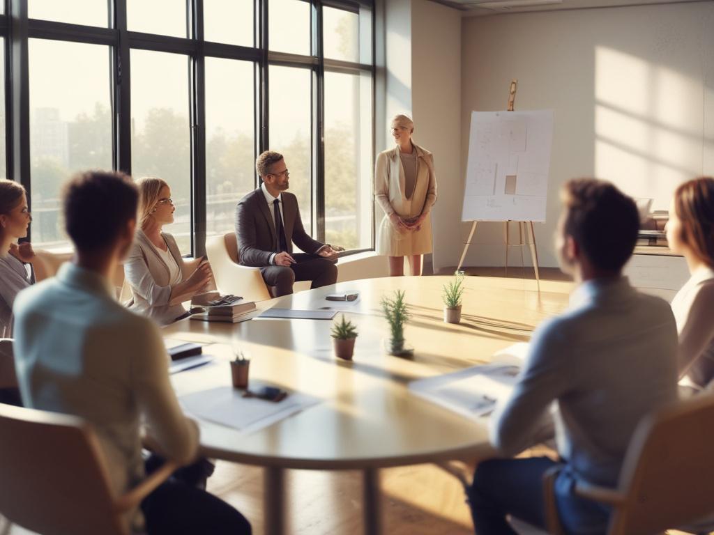 a confident leader giving a presentation to a small group,
