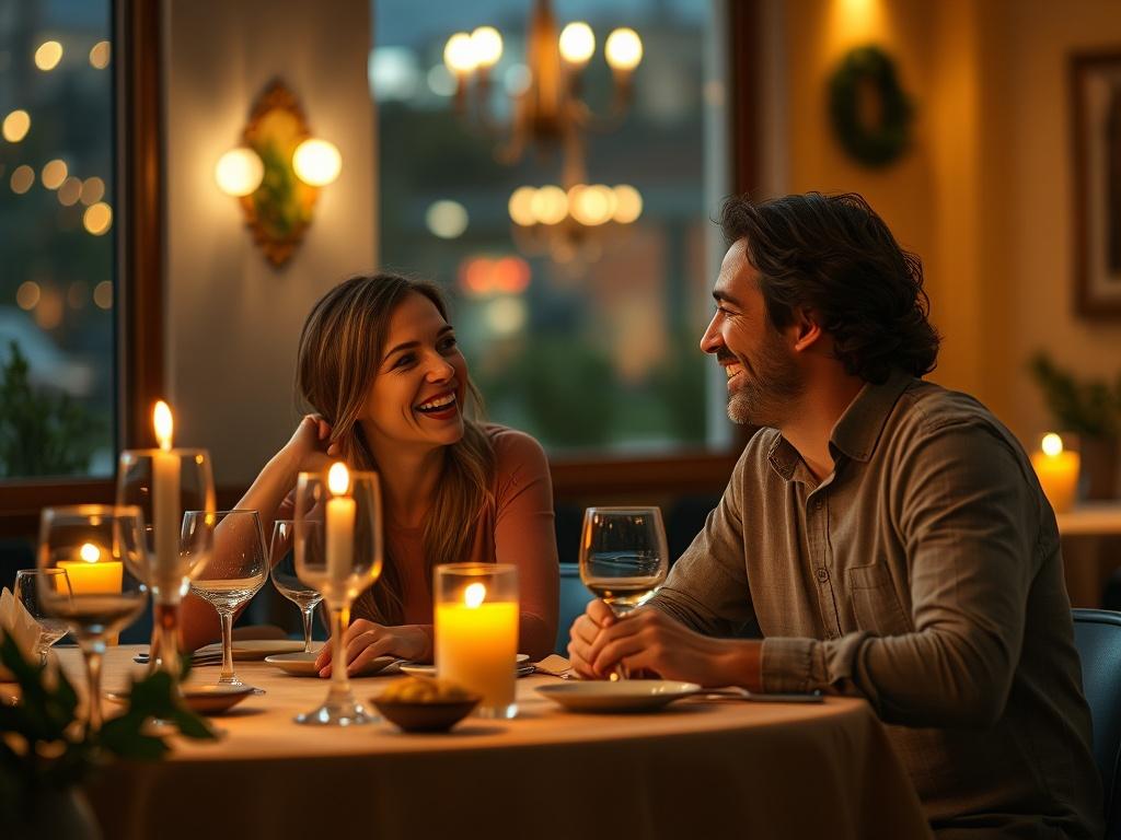 A heartwarming scene of a couple enjoying a candlelit dinner
