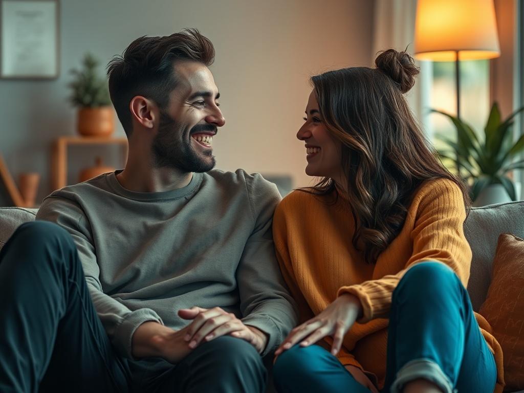 A couple sitting together in a cozy setting, deep in