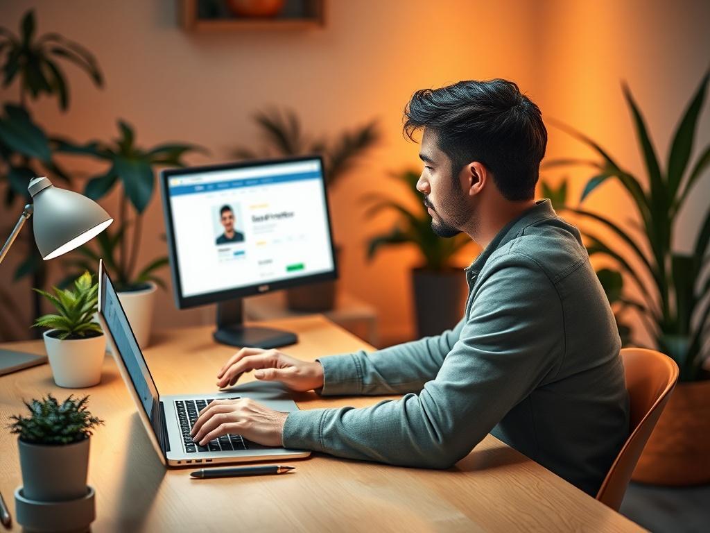 A person sitting at a desk, using a laptop to