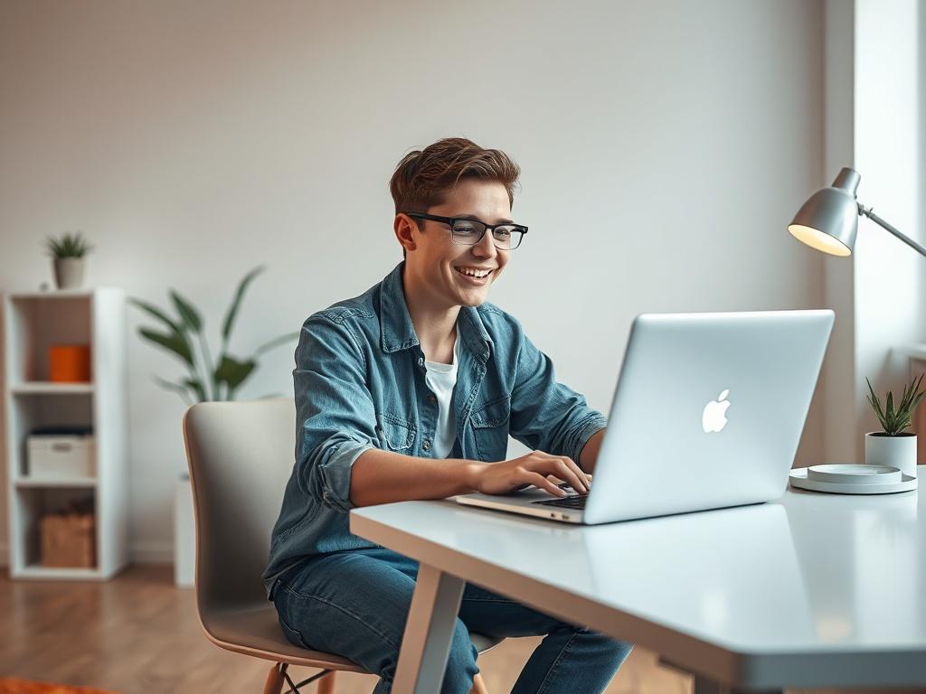 Create a realistic, high-resolution image that captures the essence of "Exploring Virtual Dates." The composition should feature a single individual sitting at a modern, minimalistic desk with a laptop open in front of them, engaged in a virtual date. The subject is a young adult, casually dressed, displaying a joyful expression while looking at the laptop screen. The background should be softly blurred to emphasize the subject but include hints of a cozy room with warm lighting. Subtle elements should sugg