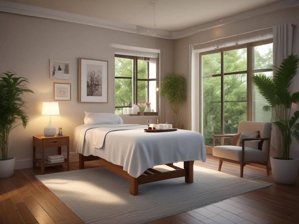 A serene setting featuring a beautifully arranged massage table with