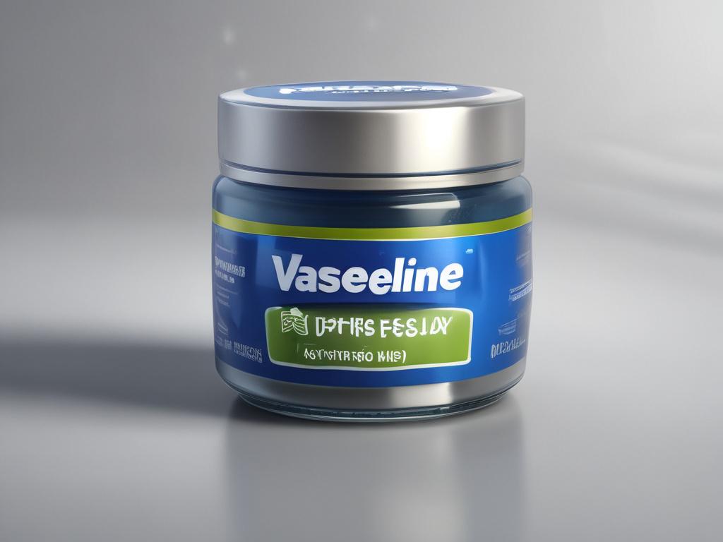 Create a hyper-realistic close-up shot of a jar of Vaseline. The jar should be centered in the frame, with a glossy finish that reflects light, showcasing the product's texture. Use a 45mm f/1.2 lens style for depth of field, making the background softly blurred. The background should be a simple, calming color that complements the product, focusing on shades of green to align with the primary color rgb(50, 170, 39). Ensure the image captures the essence of hydration and soothing care.