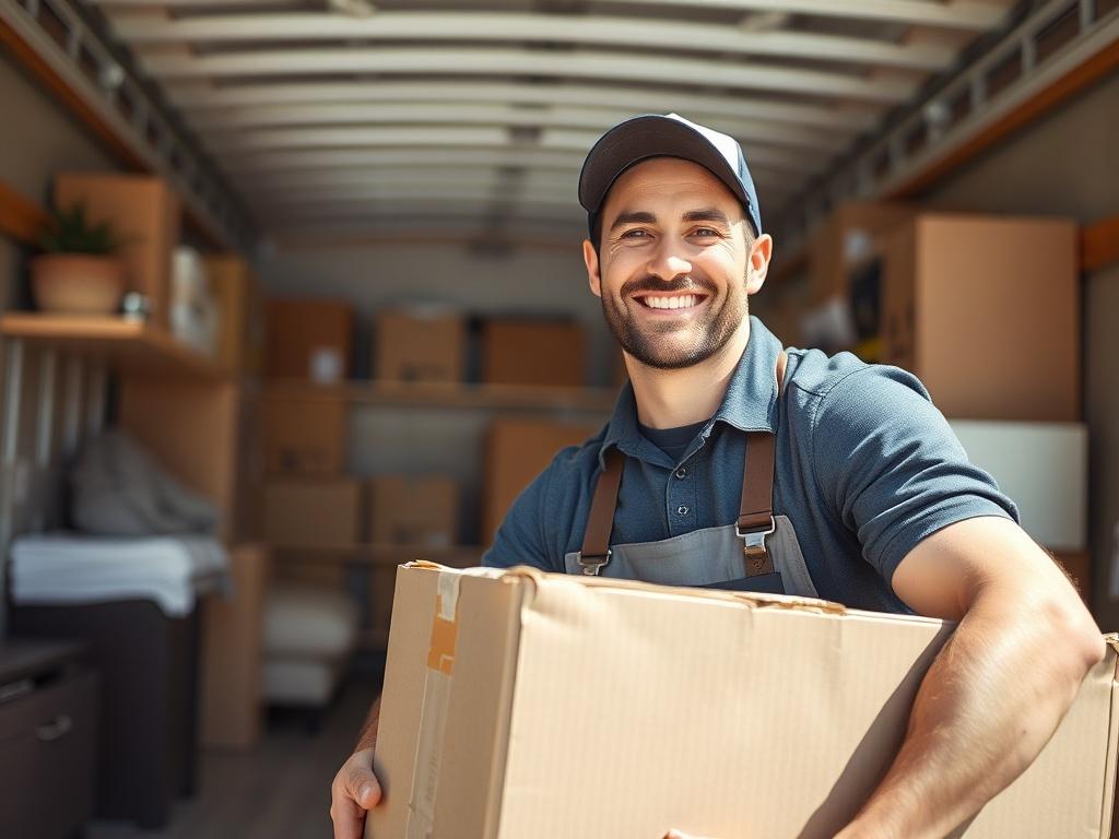 A close up shot of a smiling moving professional lifting