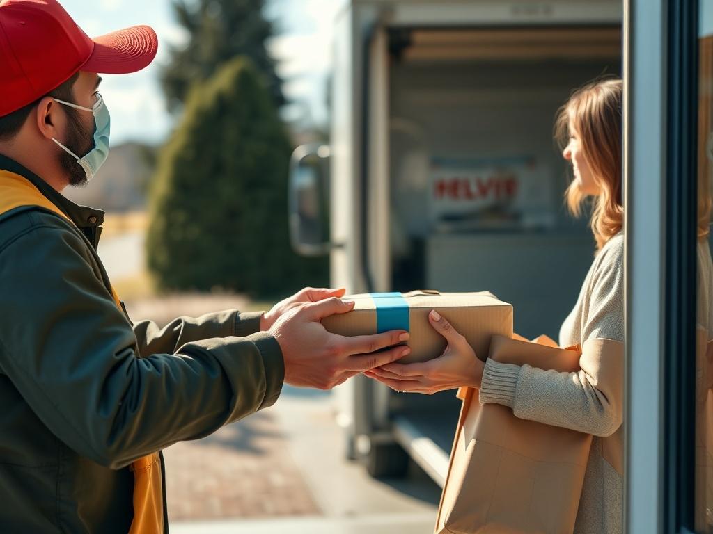 A close up shot of a delivery professional handing over