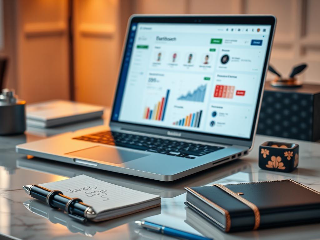 A luxurious, high-resolution close-up shot showcasing an elegant workspace, featuring a sleek laptop open on an e-commerce dashboard, surrounded by premium accessories like a designer notebook and a stylish pen, all on a marble desk. The background should be softly blurred to emphasize the luxurious theme, with warm lighting reflecting the colors of rgb(193, 153, 87).