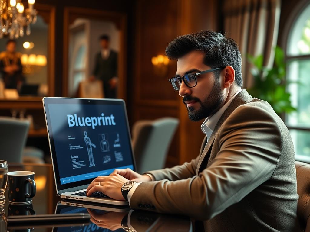 A high-resolution image of a confident individual working on a laptop with the SA Premium Blueprint displayed on the screen, surrounded by a luxurious environment that conveys professionalism.