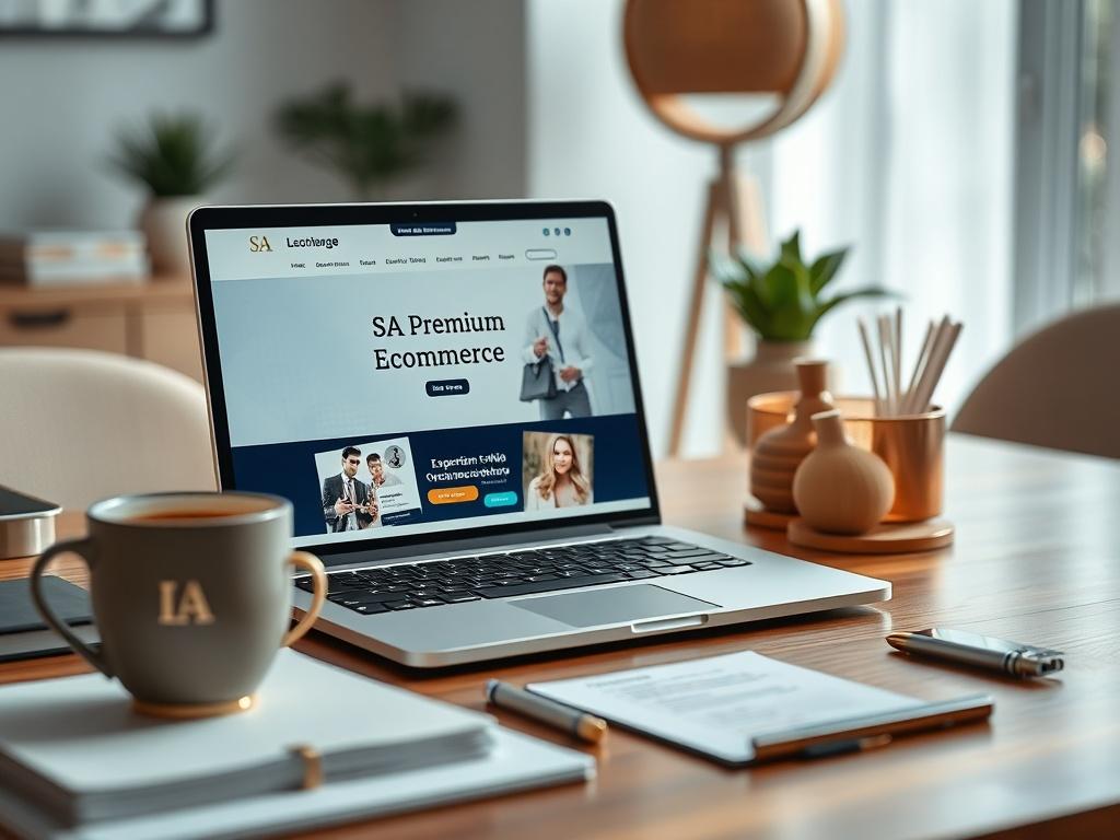 A luxurious workspace featuring a sleek laptop displaying the SA Premium E-Commerce Blueprint website, surrounded by high-end stationery and a stylish coffee cup, with soft natural lighting and a modern decor background.