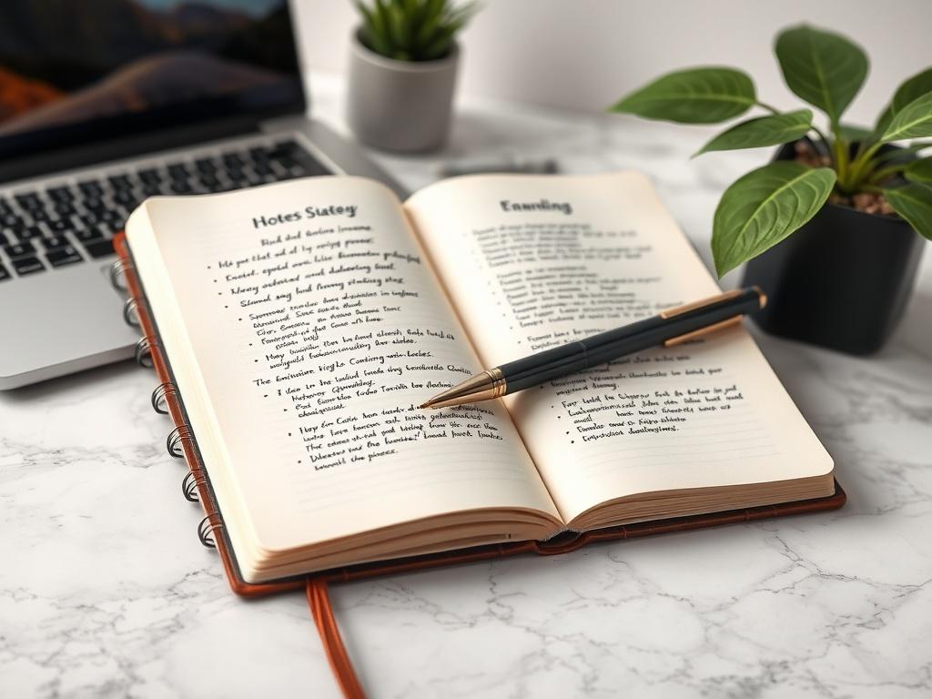A close-up of an elegant notebook with a pen, open to a page filled with notes and strategies for building online income, placed on a marble desk with a laptop and a plant in the background.