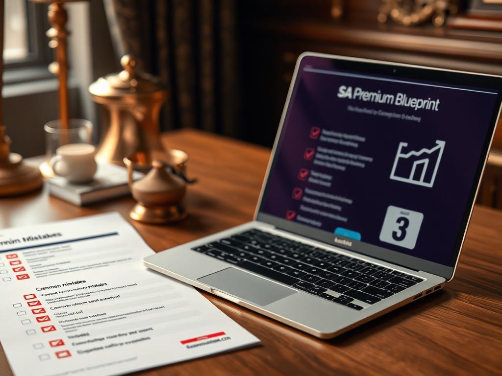 An image showing a luxury-themed workspace with a checklist of common mistakes in e-commerce, highlighted in red, next to a laptop displaying the SA Premium Blueprint.