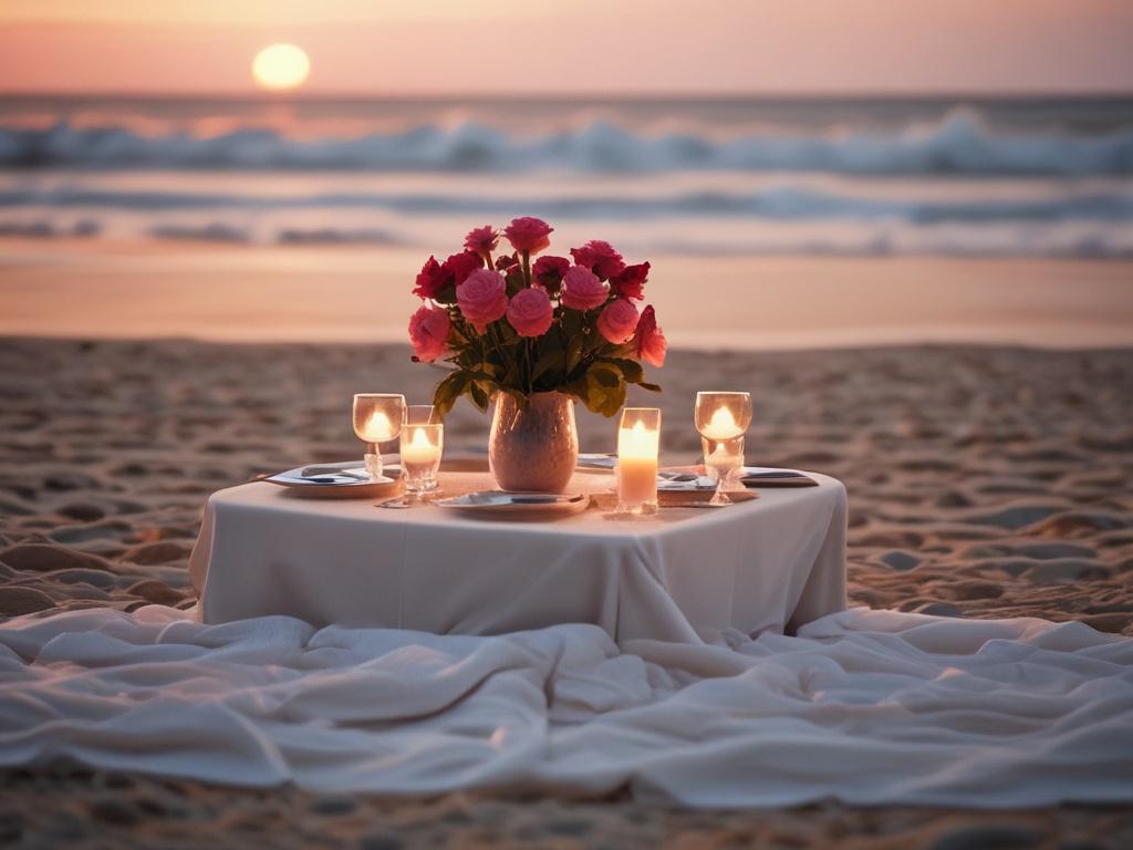 A close-up shot of a beautifully set table for two on a romantic beach at sunset, with soft candlelight and flowers. The ocean waves gently lap at the shore in the background, creating an idyllic and intimate atmosphere perfect for a honeymoon.