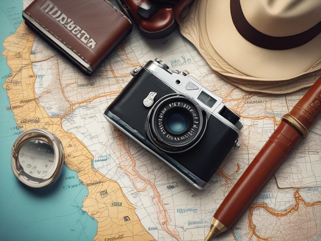 A close-up shot of a beautifully arranged travel itinerary featuring stunning photos of exotic locations, a map, and travel accessories like a passport and camera. The background should be softly blurred, focusing on the details of the itinerary, with warm lighting to evoke a sense of adventure.