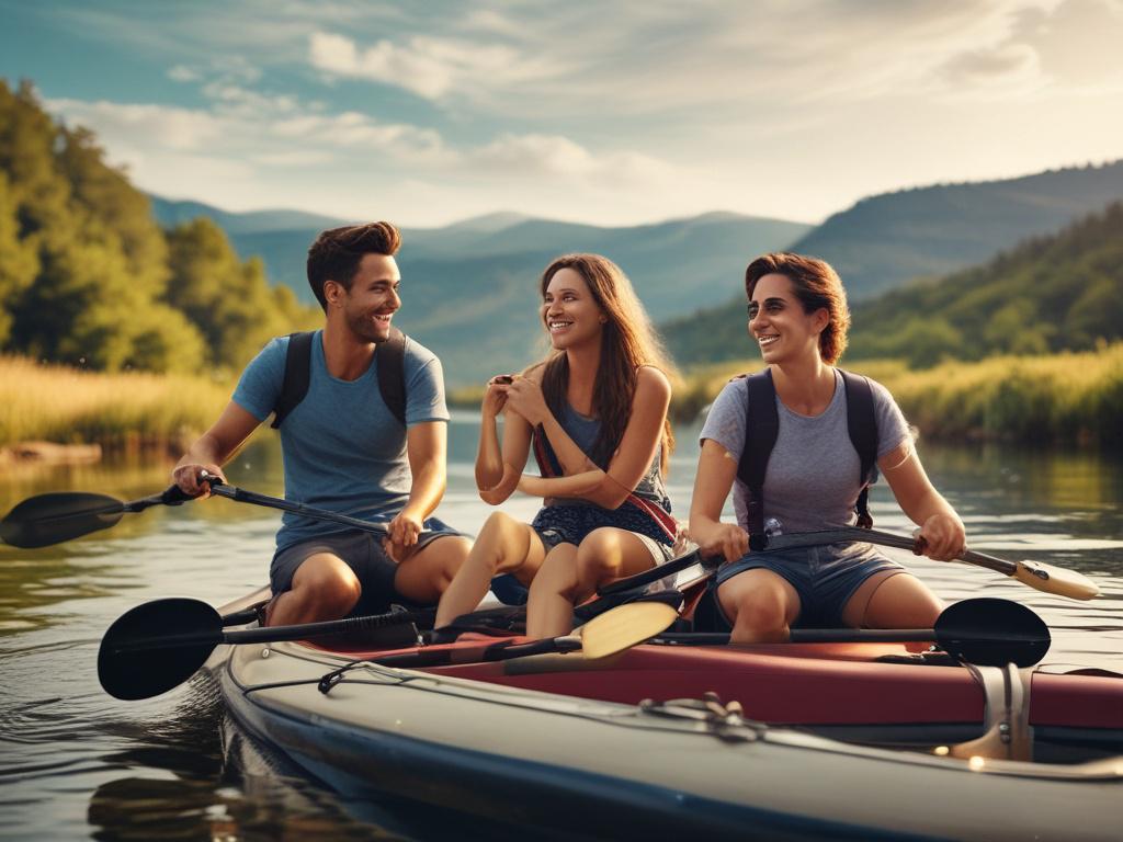 A close-up shot of a group of friends enjoying a fun outdoor activity, such as hiking or kayaking. The background should show a stunning natural landscape, highlighting the joy and camaraderie shared among them, with vibrant colors that convey excitement and adventure.