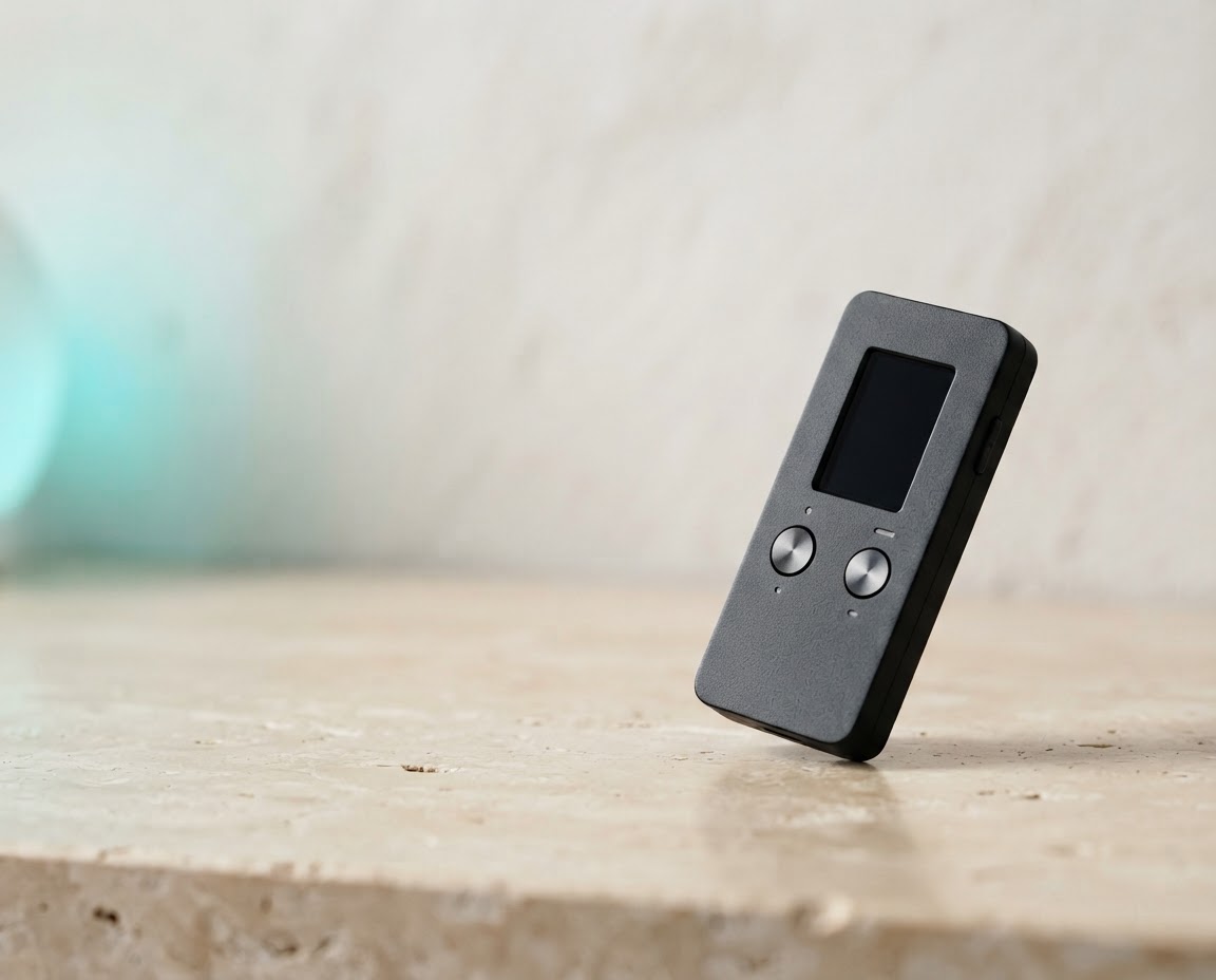 Minimal black hardware wallet device ready for secure setup